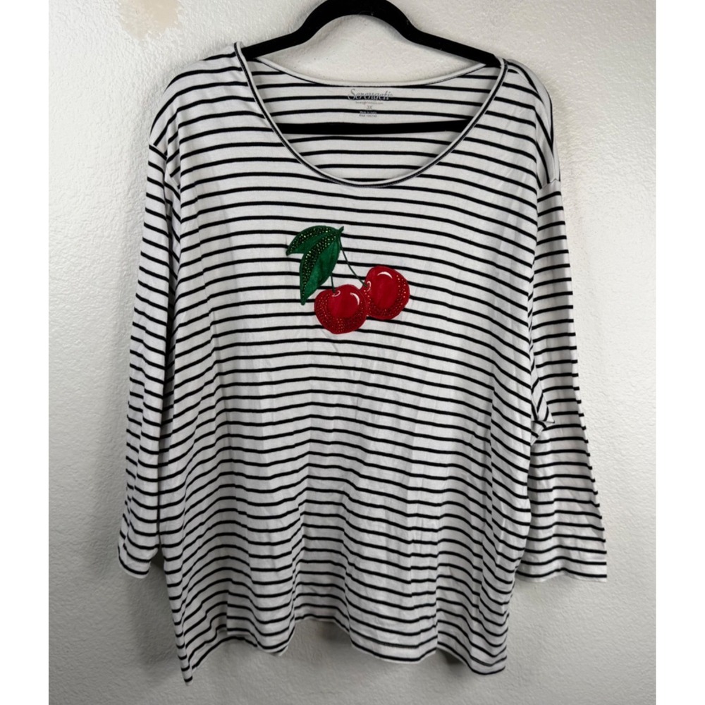 Serengeti Women's Top White Black Sz 3X Cherries Bling Striped 3/4 Sleeves